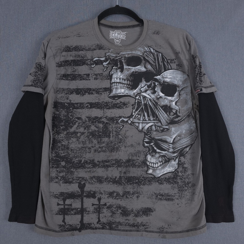 MMA Elite 2Fer Shirt Mens 2XL Gray Black Thermal Sleeve‎ Skull Grunge Y2K Goth